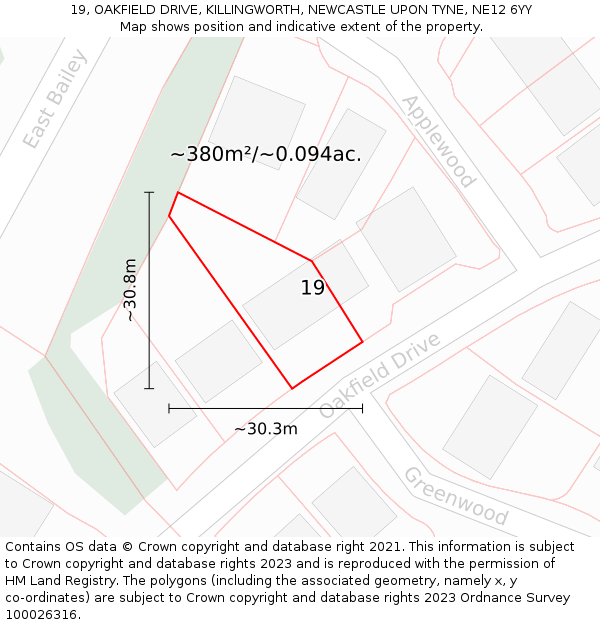 19, OAKFIELD DRIVE, KILLINGWORTH, NEWCASTLE UPON TYNE, NE12 6YY: Plot and title map