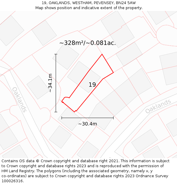 19, OAKLANDS, WESTHAM, PEVENSEY, BN24 5AW: Plot and title map