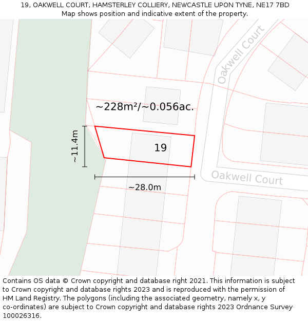 19, OAKWELL COURT, HAMSTERLEY COLLIERY, NEWCASTLE UPON TYNE, NE17 7BD: Plot and title map