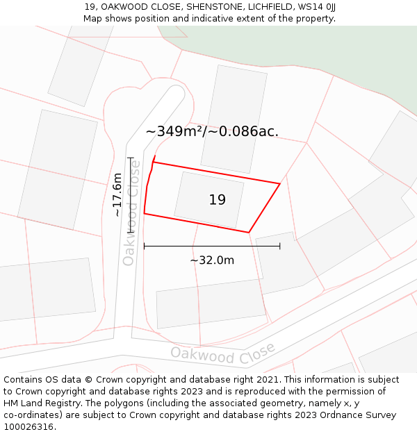 19, OAKWOOD CLOSE, SHENSTONE, LICHFIELD, WS14 0JJ: Plot and title map