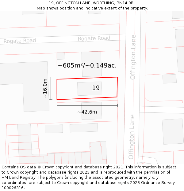 19, OFFINGTON LANE, WORTHING, BN14 9RH: Plot and title map