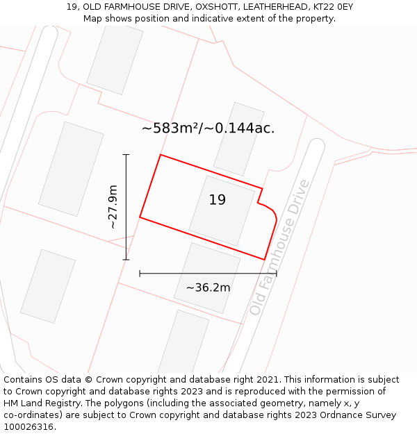 19, OLD FARMHOUSE DRIVE, OXSHOTT, LEATHERHEAD, KT22 0EY: Plot and title map