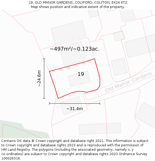 19, OLD MANOR GARDENS, COLYFORD, COLYTON, EX24 6TZ: Plot and title map