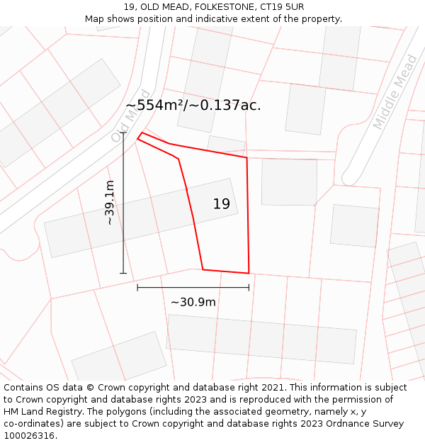 19, OLD MEAD, FOLKESTONE, CT19 5UR: Plot and title map