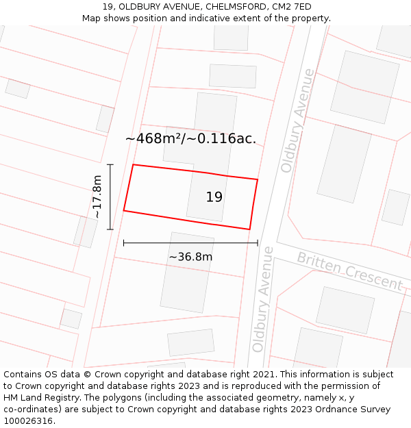 19, OLDBURY AVENUE, CHELMSFORD, CM2 7ED: Plot and title map