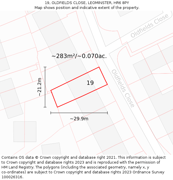 19, OLDFIELDS CLOSE, LEOMINSTER, HR6 8PY: Plot and title map