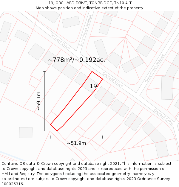 19, ORCHARD DRIVE, TONBRIDGE, TN10 4LT: Plot and title map