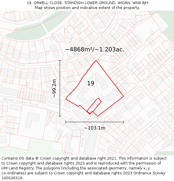19, ORWELL CLOSE, STANDISH LOWER GROUND, WIGAN, WN6 8JH: Plot and title map