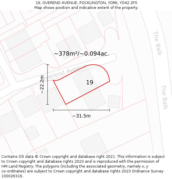 19, OVEREND AVENUE, POCKLINGTON, YORK, YO42 2FS: Plot and title map