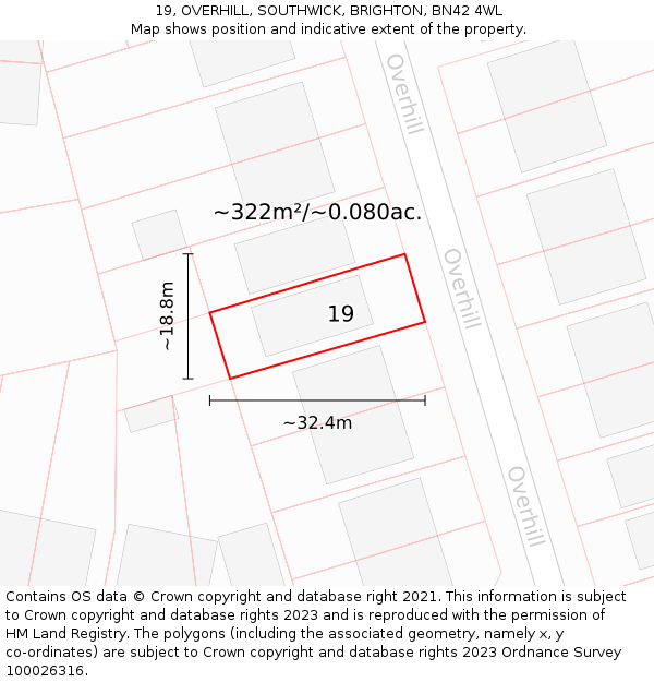 19, OVERHILL, SOUTHWICK, BRIGHTON, BN42 4WL: Plot and title map