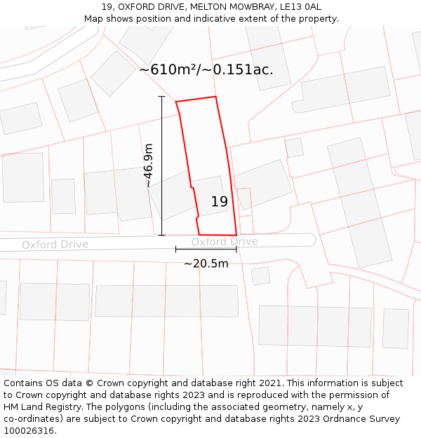 19, OXFORD DRIVE, MELTON MOWBRAY, LE13 0AL: Plot and title map