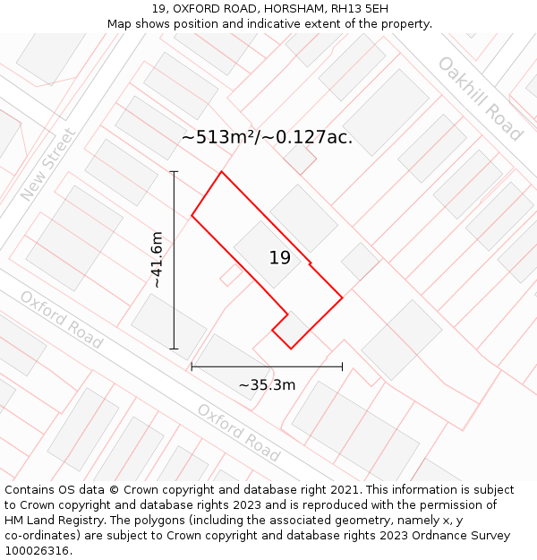 19, OXFORD ROAD, HORSHAM, RH13 5EH: Plot and title map