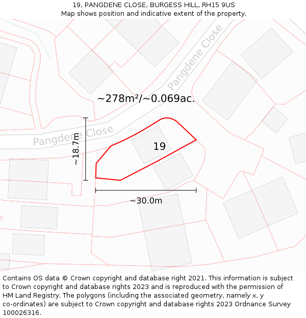 19, PANGDENE CLOSE, BURGESS HILL, RH15 9US: Plot and title map