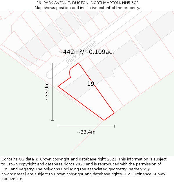 19, PARK AVENUE, DUSTON, NORTHAMPTON, NN5 6QF: Plot and title map