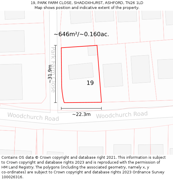 19, PARK FARM CLOSE, SHADOXHURST, ASHFORD, TN26 1LD: Plot and title map