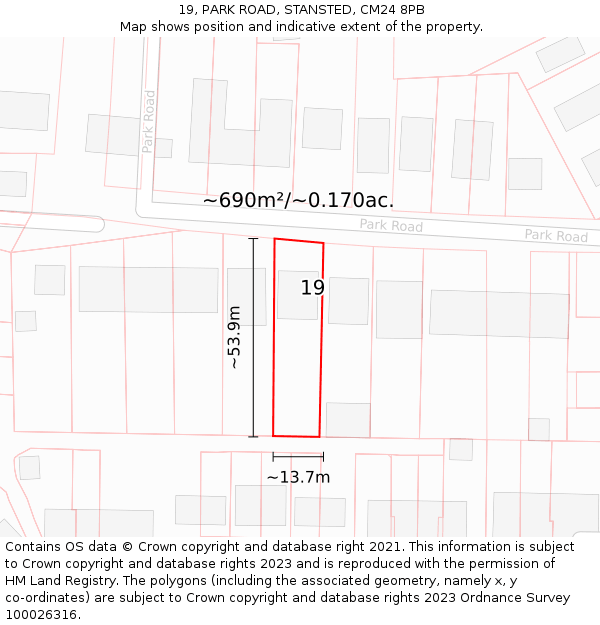 19, PARK ROAD, STANSTED, CM24 8PB: Plot and title map