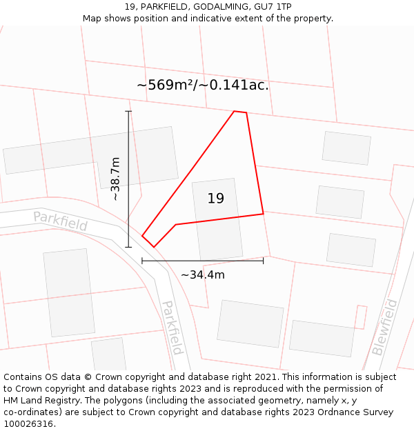 19, PARKFIELD, GODALMING, GU7 1TP: Plot and title map