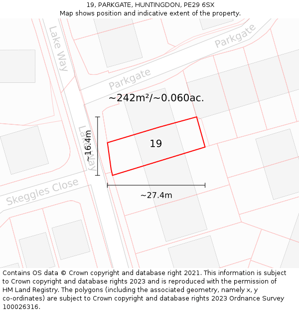 19, PARKGATE, HUNTINGDON, PE29 6SX: Plot and title map