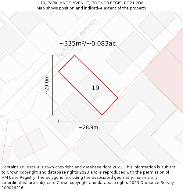 19, PARKLANDS AVENUE, BOGNOR REGIS, PO21 2BA: Plot and title map