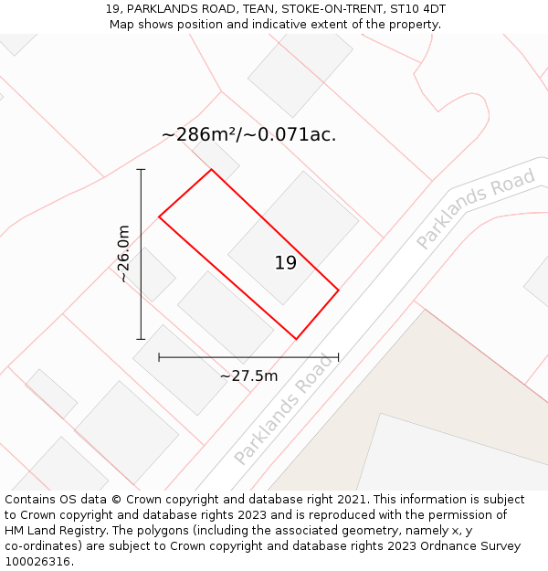 19, PARKLANDS ROAD, TEAN, STOKE-ON-TRENT, ST10 4DT: Plot and title map