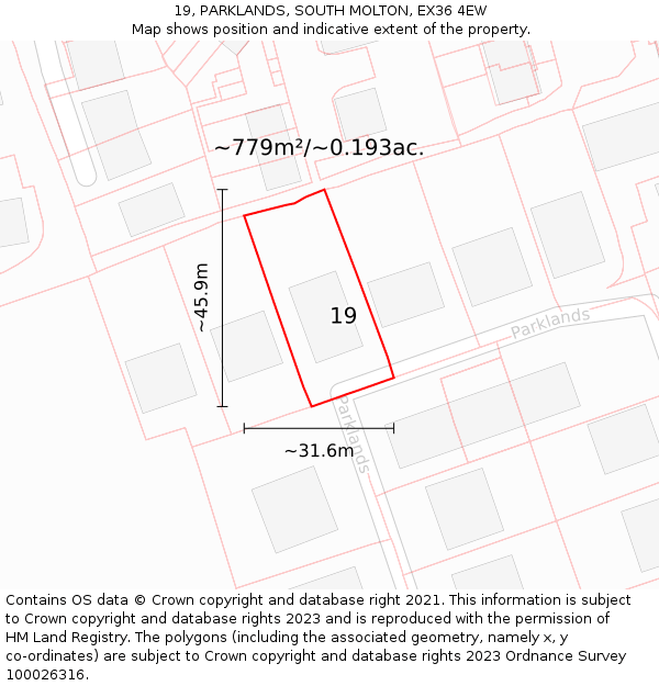 19, PARKLANDS, SOUTH MOLTON, EX36 4EW: Plot and title map