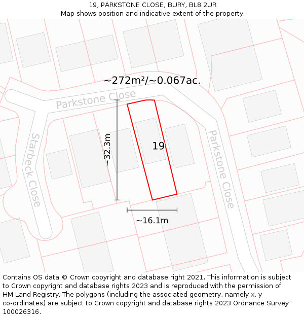 19, PARKSTONE CLOSE, BURY, BL8 2UR: Plot and title map