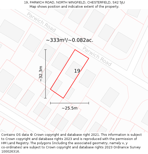 19, PARWICH ROAD, NORTH WINGFIELD, CHESTERFIELD, S42 5JU: Plot and title map