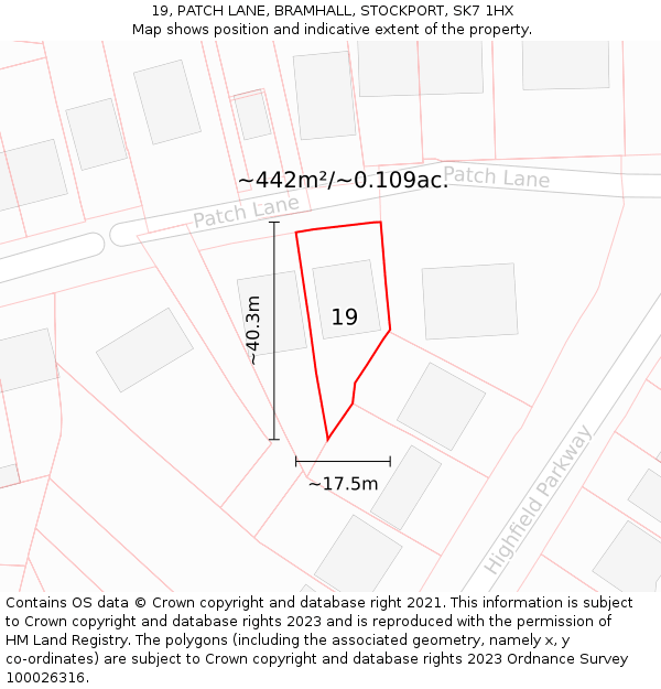 19, PATCH LANE, BRAMHALL, STOCKPORT, SK7 1HX: Plot and title map