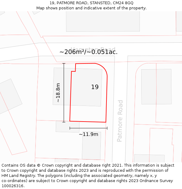 19, PATMORE ROAD, STANSTED, CM24 8GQ: Plot and title map