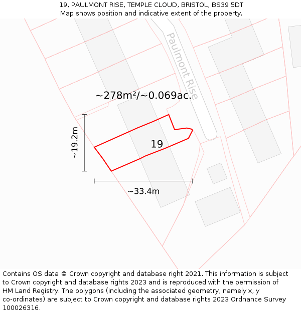 19, PAULMONT RISE, TEMPLE CLOUD, BRISTOL, BS39 5DT: Plot and title map