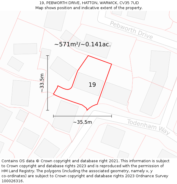 19, PEBWORTH DRIVE, HATTON, WARWICK, CV35 7UD: Plot and title map