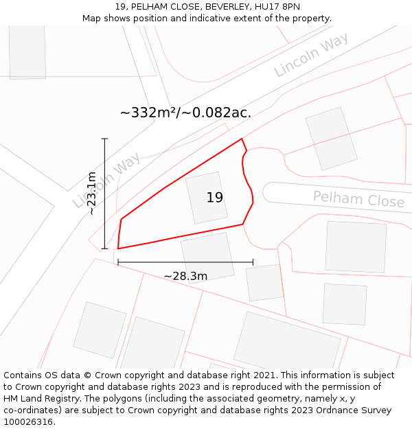 19, PELHAM CLOSE, BEVERLEY, HU17 8PN: Plot and title map