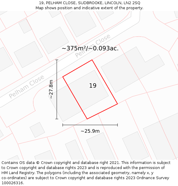 19, PELHAM CLOSE, SUDBROOKE, LINCOLN, LN2 2SQ: Plot and title map