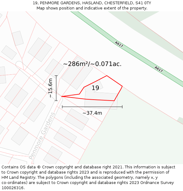 19, PENMORE GARDENS, HASLAND, CHESTERFIELD, S41 0TY: Plot and title map