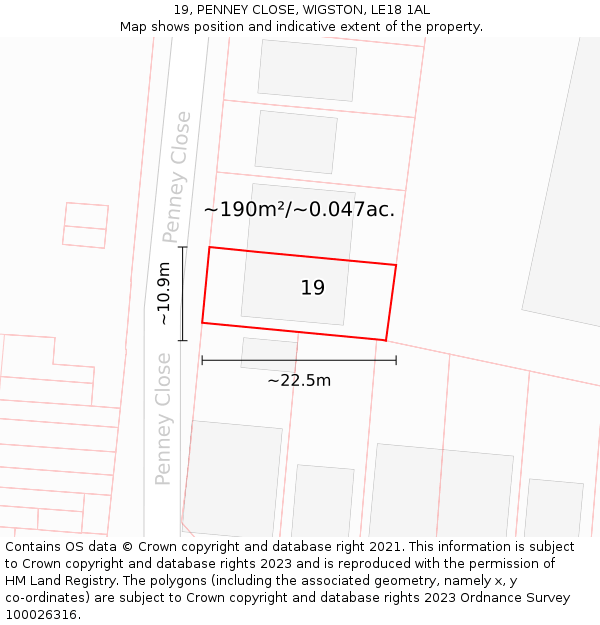 19, PENNEY CLOSE, WIGSTON, LE18 1AL: Plot and title map