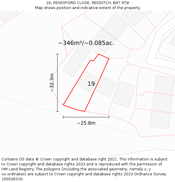 19, PENNYFORD CLOSE, REDDITCH, B97 6TW: Plot and title map