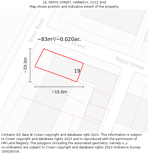 19, PEPYS STREET, HARWICH, CO12 3HG: Plot and title map