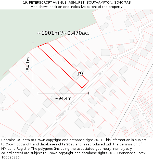 19, PETERSCROFT AVENUE, ASHURST, SOUTHAMPTON, SO40 7AB: Plot and title map