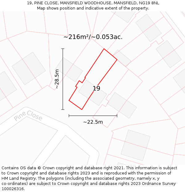 19, PINE CLOSE, MANSFIELD WOODHOUSE, MANSFIELD, NG19 8NL: Plot and title map