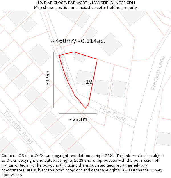 19, PINE CLOSE, RAINWORTH, MANSFIELD, NG21 0DN: Plot and title map