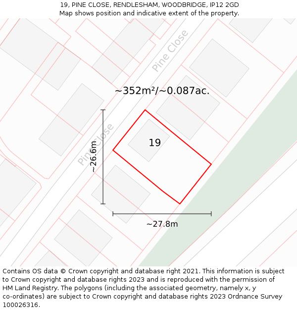 19, PINE CLOSE, RENDLESHAM, WOODBRIDGE, IP12 2GD: Plot and title map