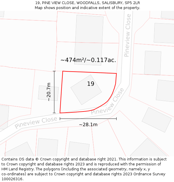 19, PINE VIEW CLOSE, WOODFALLS, SALISBURY, SP5 2LR: Plot and title map