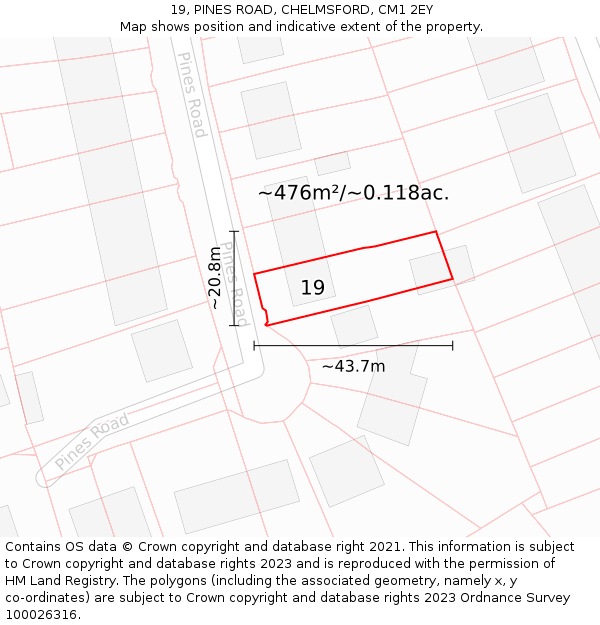 19, PINES ROAD, CHELMSFORD, CM1 2EY: Plot and title map