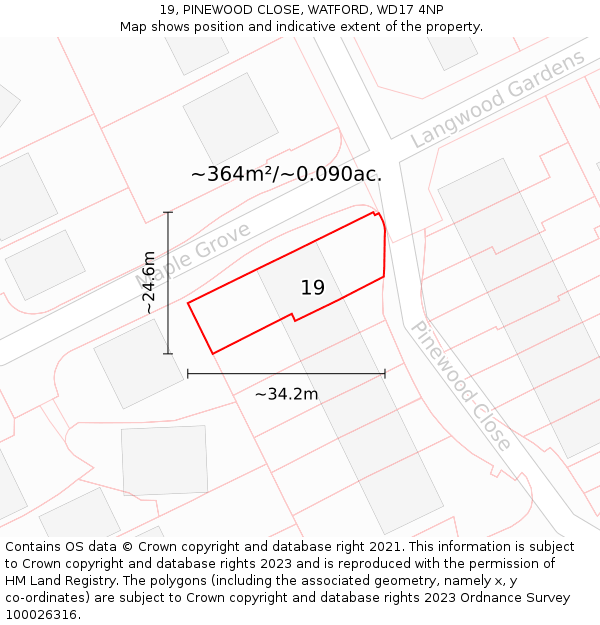 19, PINEWOOD CLOSE, WATFORD, WD17 4NP: Plot and title map