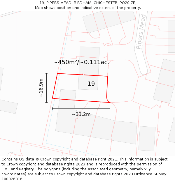19, PIPERS MEAD, BIRDHAM, CHICHESTER, PO20 7BJ: Plot and title map