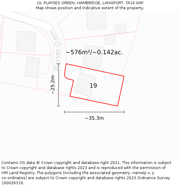 19, PLAYSES GREEN, HAMBRIDGE, LANGPORT, TA10 0AP: Plot and title map