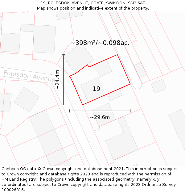 19, POLESDON AVENUE, COATE, SWINDON, SN3 6AE: Plot and title map