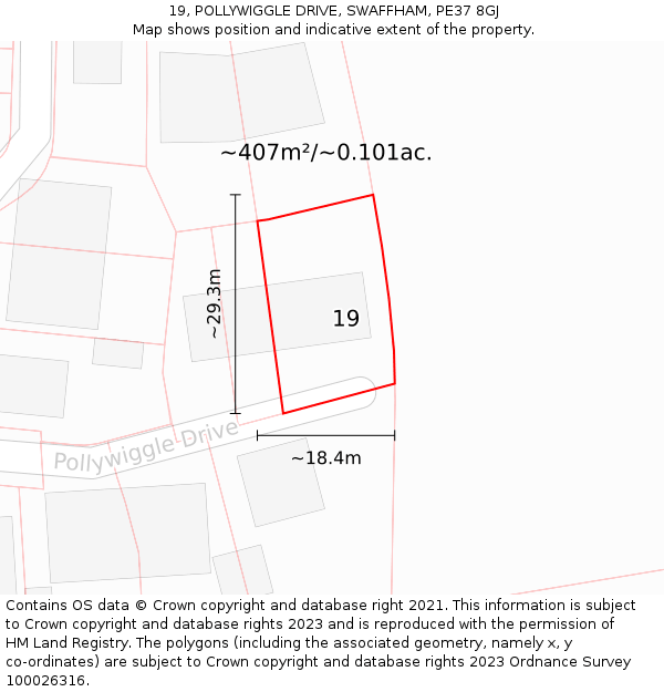 19, POLLYWIGGLE DRIVE, SWAFFHAM, PE37 8GJ: Plot and title map