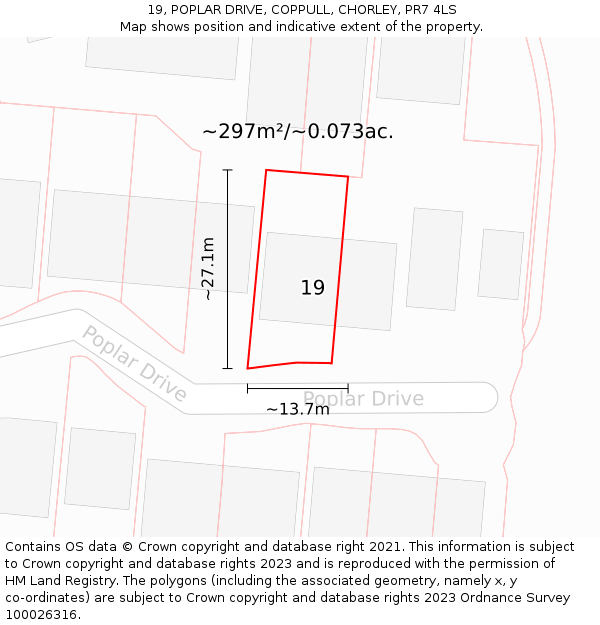 19, POPLAR DRIVE, COPPULL, CHORLEY, PR7 4LS: Plot and title map