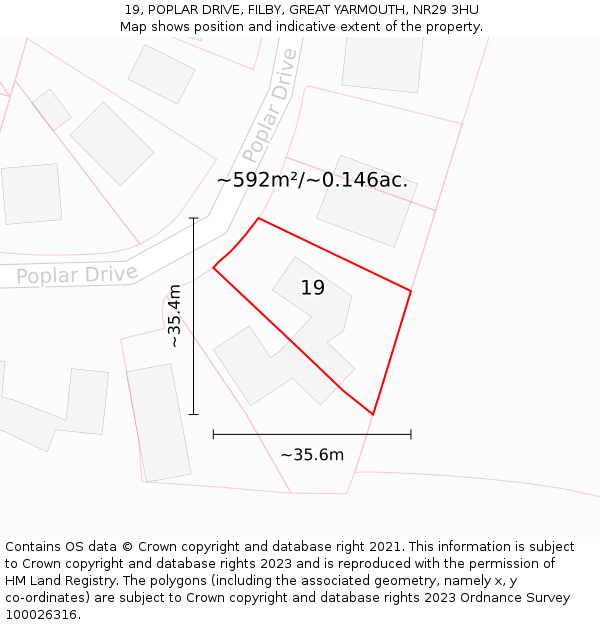 19, POPLAR DRIVE, FILBY, GREAT YARMOUTH, NR29 3HU: Plot and title map